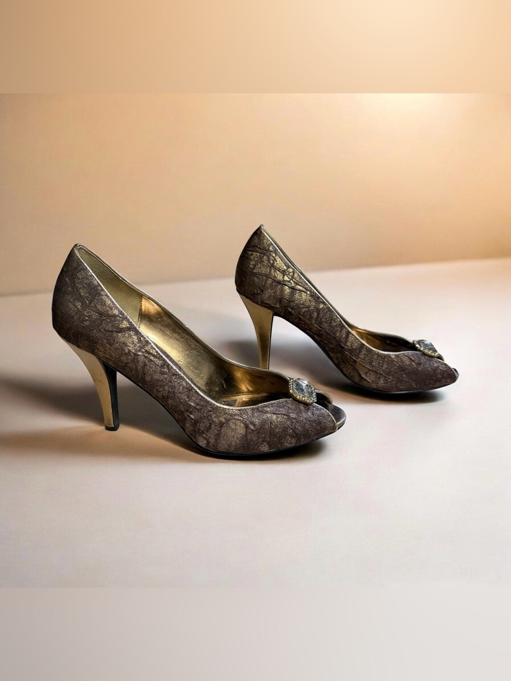 J. Renéee Elegant Metallic Golden Brown Peep-Toe High Heels with Decorative Gem